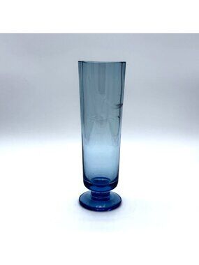 Vtg Blue Etched Glass Vase With Bird Design 9" Tall Vase